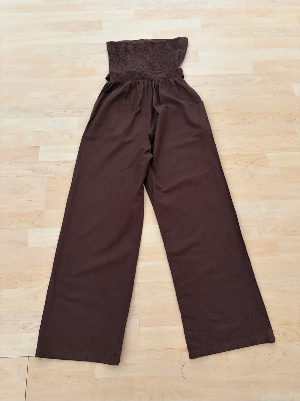 Sim & Sam Boho Brown Linen Blend Strapless Belted Wide Leg Jumpsuit Small - Picture 2 of 7